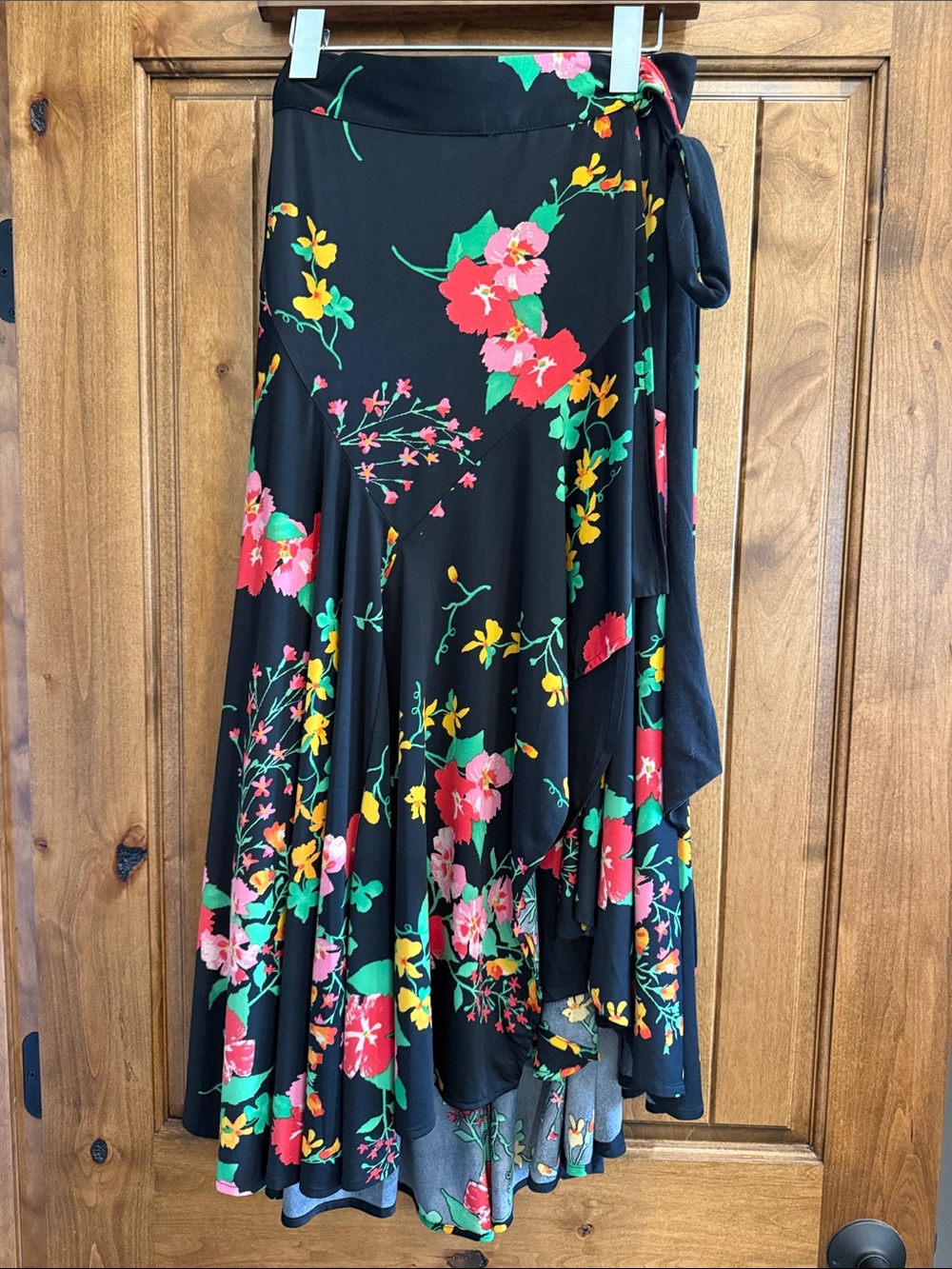 CAbi Drama Skirt asymmetrical with Red, Pink and Green Floral Print